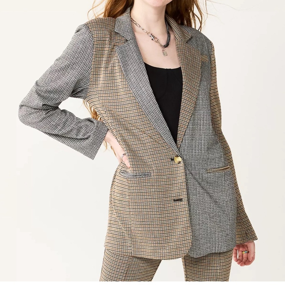 Oversized Houndstooth Mixed Plaid Blazer - Black and Brown